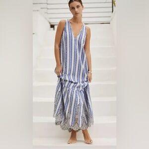 Anthropologie blue striped dress with lace cutouts at the hem. Sz L